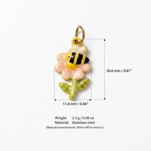 Detailed dimensions of the bee and pink flower stainless steel pendant accessory for DIY