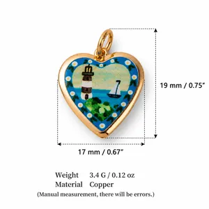 Detailed view of heart-shaped copper pendant with lighthouse painting and dimensions