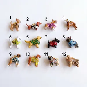 Selection of 12 hand-painted glazed dog pendants featuring various breeds in colorful leopard prints.