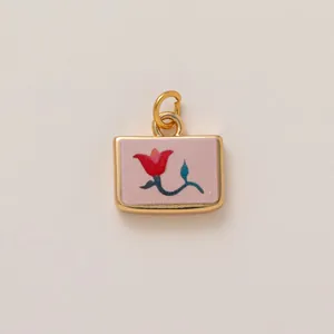 Elegant 18K gold plated copper tulip flower pendant charm with pink textured inlay