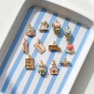 Stainless Steel School Theme Enamel Charms Necklace For Women Multicolor Owl Book School Bus Earth Globe Pendant Necklace Minimalist Daily Fashion Jewelry Gift
