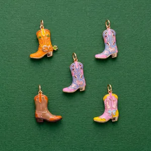 Colorful enameled cowboy boot pendants for DIY jewelry making in multiple styles.
