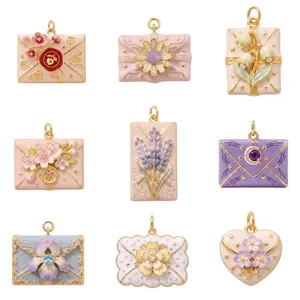 French Vintage Style Enamel Envelope Flower Pendant DIY Copper Jewelry Making Lavender Tulip Daisy Heart Pendant Necklace Women Accessory