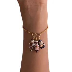 18K gold-plated stainless steel bracelet with cute enamel animal charms and heart link