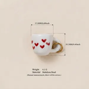 Detail of stainless steel cup pendant with red hearts and size specifications