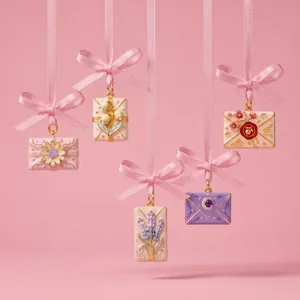 Macro view of elegant vintage French-style envelope charms with floral and moon designs.