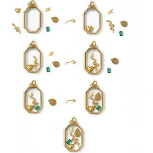 Step-by-step assembly of a gold octagonal locket pendant with various DIY charms