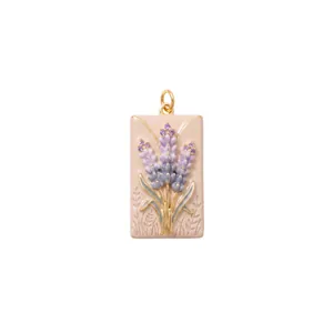 Detailed close-up of a French style lavender flower pendant with elegant enamel finish