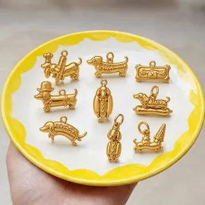 Gedetailleerd overzicht van diverse vergulde roestvrijstalen teckelbedels op een bord.