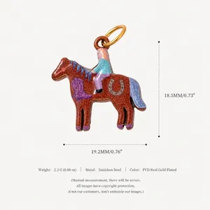 Close-up detail of enameled horse pendant showing dimensions and material specifications.