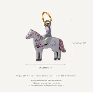 Detailed product view of purple enamel horse pendant showing dimensions and weight info
