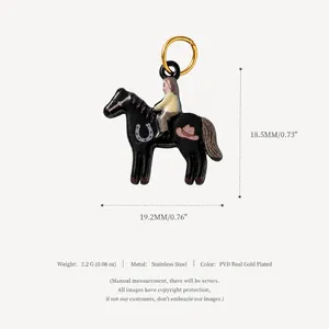 Detailed view of the enamel horse pendant featuring dimensions and material specifications