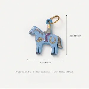 Detailed view of blue horse enamel pendant with dimensions and weight specifications