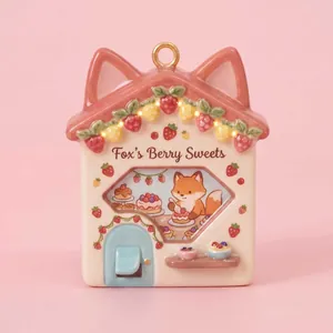 Detailed close-up of a fairy tale house charm featuring a cute fox and berry sweets design