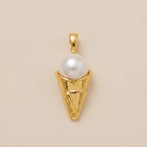 Elegant golden ice cream cone pendant with a white pearl detail for DIY jewelry making.