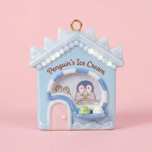 Blue penguin ice cream house themed pendant for DIY jewelry making and decorative charms