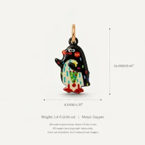 Detailed view of a colorful enamel penguin pendant with dimensions and weight info