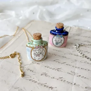 Hand-painted cat wishing bottle pendant necklace with cork stopper and gold chain