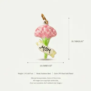 Detailed macro view of a stainless steel carnation MOM pendant charm with PVD gold plating finish