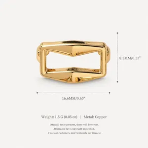 Close-up detail of a gold geometric copper shoe charm with 16.6mm measurement specs.