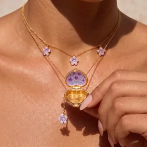 Vintage Enamel Heart Locket Necklace For Women Gold Plated Birth Flower Pendant Monthly Commemorative Jewelry Floral Pattern Locket