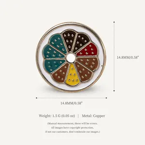 Detailed macro view of colorful painted enamel shoe charm with dimensions 14.8mm