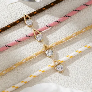 Western Style Double Rope Knot Pendant Necklace For Women Copper Gold Plated Round Sparkling Rhinestone Woven Cord Neckwear Jewelry