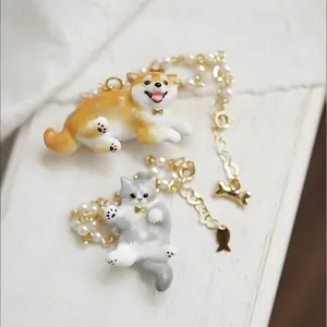 Collane con animali 3D dipinte a mano con ciondoli Shiba Inu e gatto e perle