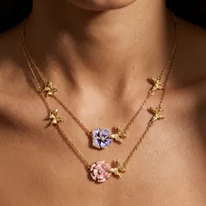 European Style Copper Birth Flower Pendant Necklace For Women Luxury Gold Plated Rhinestone Butterfly Enamel Floral Necklace Jewelry
