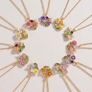 Fairy Tale Enamel Flower Fairy Necklace For Women Copper Rhinestone Lotus Daisy Rose Pendant Necklace Sweet Jewelry Gift