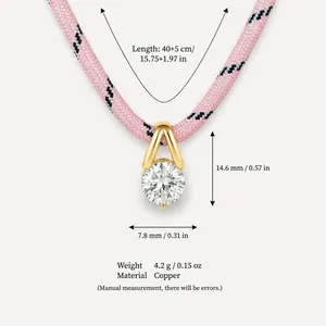 Detailed view of pink rope necklace with cubic zirconia pendant and dimensions