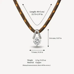 Detailed view of braided cord necklace with CZ pendant and product dimension specifications