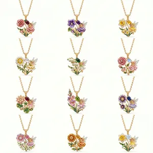 Collage of colorful enamel flower fairy necklaces with gemstones on gold chains.