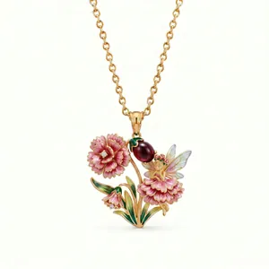 Detailed close-up of an enamel flower fairy pendant necklace with pink carnation and gem