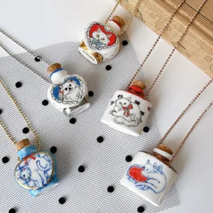 Vintage Cat Painting Ceramic Look Wish Bottle Pendant Necklace Copper Gold Plated Chain For Women Artistic Jewelry Gift