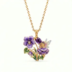 Close-up of fairy and flower enamel pendant with purple gemstone and tiny crystals.