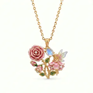 Detailed macro view of an exquisite enamel fairy and rose pendant necklace in gold finish