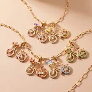 Colgante de Cesta de Flores para Bicicleta de Acero Inoxidable 316L Retro Collar de Esmalte Multicapa Joyería Floral para Mujer