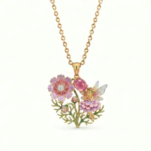 Exquisite enamel flower fairy necklace featuring pink cosmos and gemstone detail