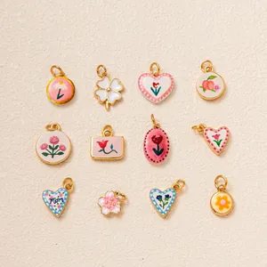 Gold Plated Copper Enamel Flower Heart Pendant Dopamine Retro Rose Tulip Butterfly Knot Charm For Jewelry Making Women Necklace DIY