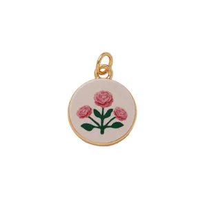 Elegant dopamine style golden round pendant with pink rose flower embroidery design