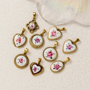 Vintage 18K gold plated heart and round rose floral pendants for DIY jewelry charms