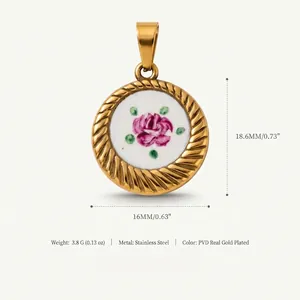 Vintage-style gold-plated stainless steel round floral pendant with rose painting