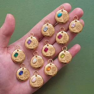 Vintage 12 Month Birth Flower Stainless Steel Pendant Necklace Gold Plated Rhinestone Birthstone Round Medallion Women Jewelry