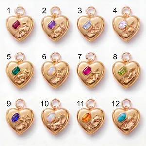 Set of 12 heart-shaped zodiac sign pendants with colorful gemstones in gold finish