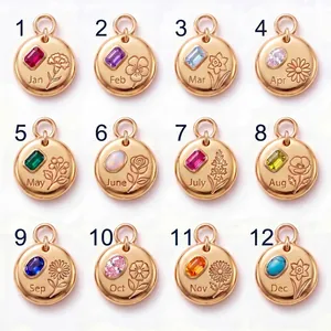 Set of 12 month birth flower pendants with colorful birthstones in gold stainless steel