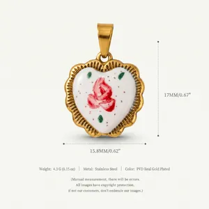 Macro detail of the vintage red rose pattern on gold-plated heart-shaped pendant
