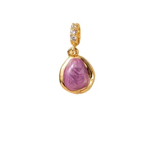 Elegant 14K gold plated zircon pendant with purple marbled enamel for DIY charms