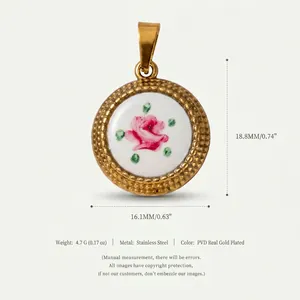 Detailed view of the rose enamel pendant with dimensions and stainless steel specs