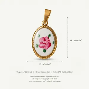 Detailed view of floral oval pendant with size specifications and material info